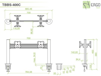 Настольное крепление back-to-back для 4 мониторов диагональю до 24''  TBBS-400C